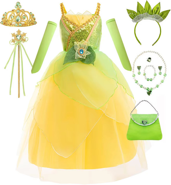 MESOQ Prinzessinnen- und Frosch-Kostüm Tiana Ballkleid mit Handschuhen, ab 2 Jahren - Bild 1