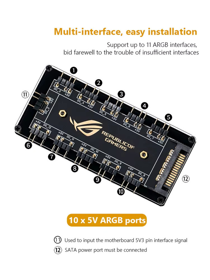 LAIMANEI 10-in-1 RGB-Lüfter-Hub und ARGB-Kabel-Splitter-Adapter für ASRock Motherboards in Schwarz - Bild 6