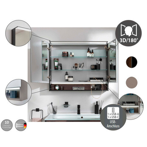 Fackelmann Spiegelschrank B.Paris in Cubanit Grau mit LED-Beleuchtung und Steckdose, B/T/H: 90 x 15,6 x 71,8 cm - Bild 3