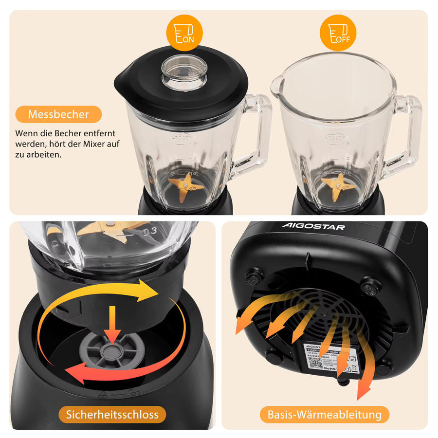 Aigostar Standmixer und Smoothie Maker mit 1,5 l Glasbehälter, 600W, Schwarz - Bild 4