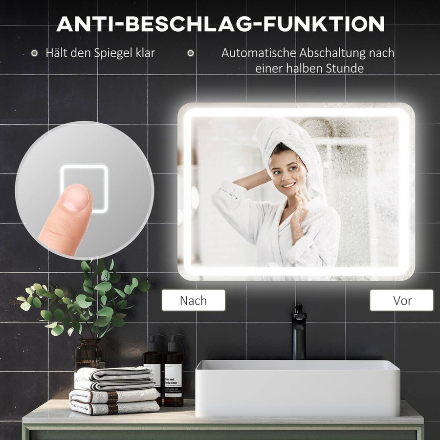 HOMCOM LED-Badspiegel in Silber mit Touch-Funktion und Dimmbarkeit, Rechteckig, B/H/T: 60 x 80 x 4 cm - Bild 3