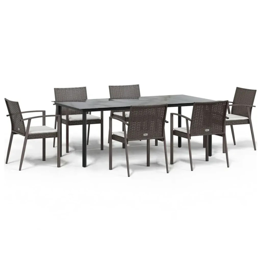 vidaXL 7-teilige Garten-Essgruppe aus Polyrattan und Stahl mit Glasplatte und Kissen in Grau, Beige, Braun und Schwarz - Bild 2