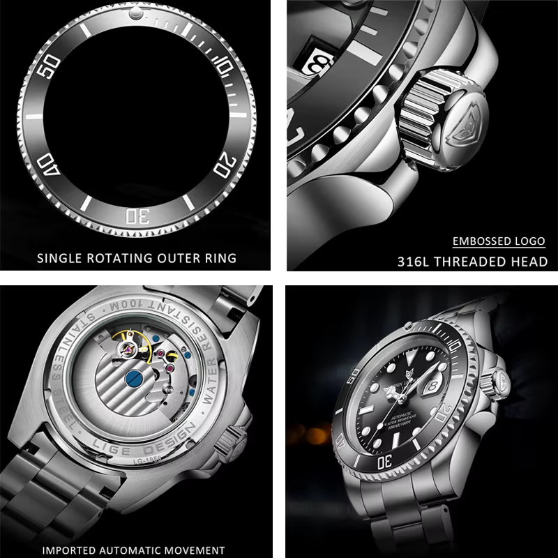 LIGE Armbanduhr Automatik, Edelstahl, Schwarz, Herren - Bild 4