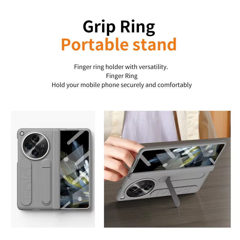 Schutzhülle für OPPO Find N3 in Grau mit Scharnier, Armband, Handschlaufe, Ständer und 360 Grad Glas-Frontscheibe aus Kunststoff - Bild 5