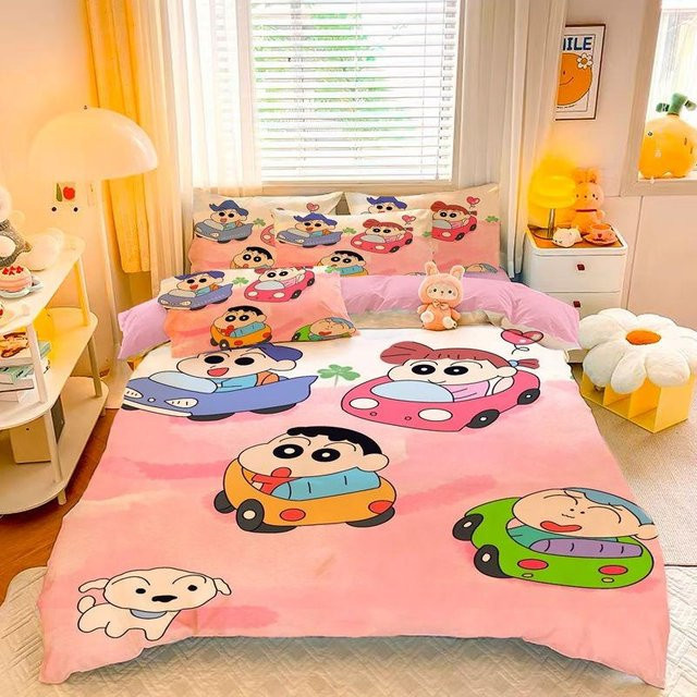 Shin-chan Bettwäscheset mit Cartoon-Motiv in Pink, bestehend aus Bettbezug und Kissenbezug, B/H: 140 x 200 cm - Bild 1