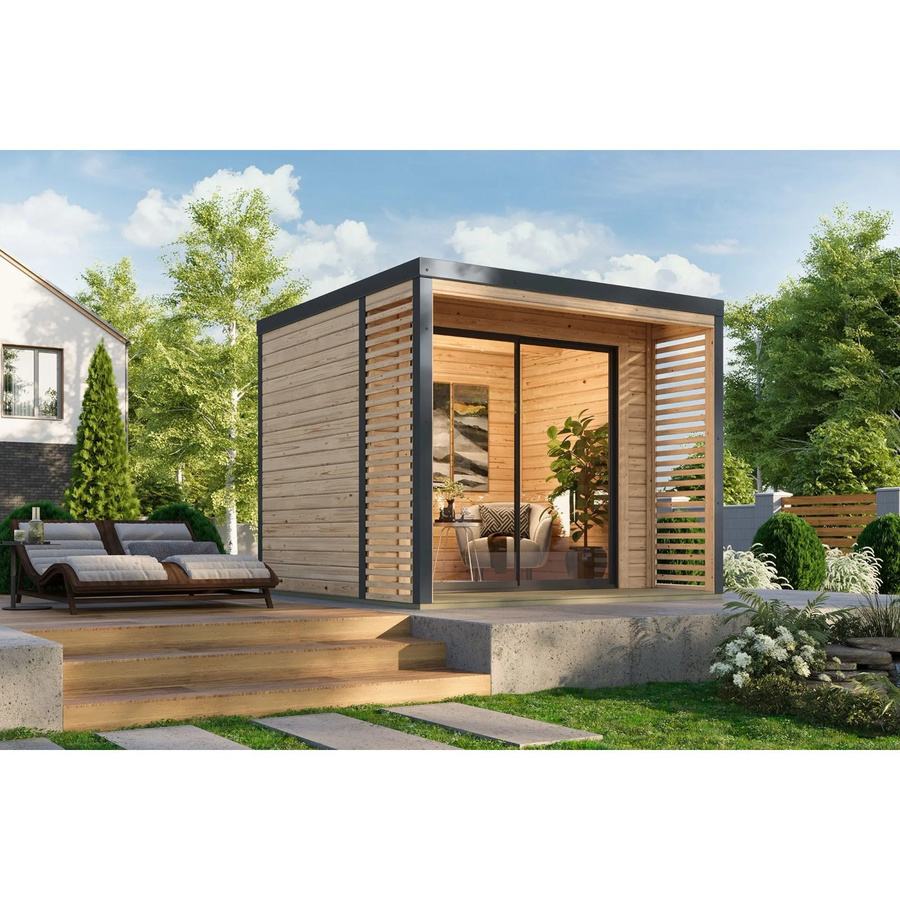 Karibu Gartenhaus Flavio A aus nordischer Fichte in Natur-Anthrazit mit überdachter Terrasse und Massivholzboden, B/T/H: 476 x 380 x 276 cm - Bild 2