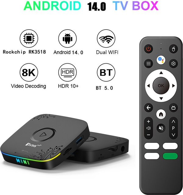 CLIBABIQBOX Android 14 TV-Box mit 8K 4K Auflösung, Dual-WLAN 4G 5G, Rockchip RK3518 und Sprachfernbedienung, Schwarz - Bild 1
