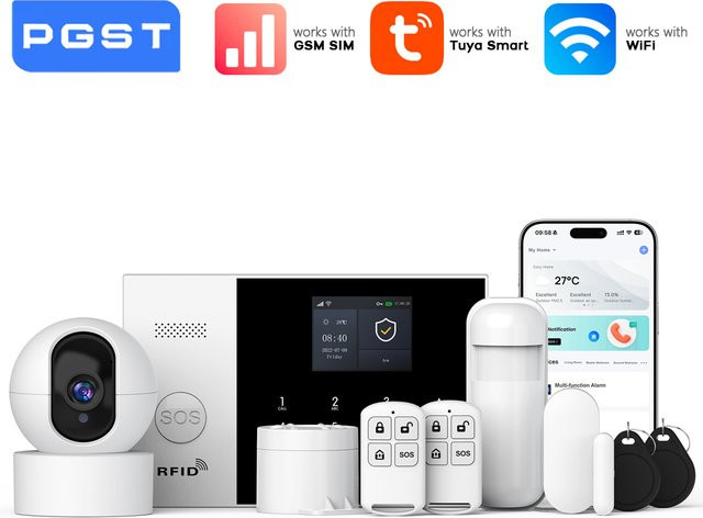 PGST Smart Home Alarmsystem WiFi GSM Drahtloses Einbruchschutz-Set mit PTZ IP-Kamera und 2-Wege-Audio in Weiß mit Tuya Unterstützung - Bild 1