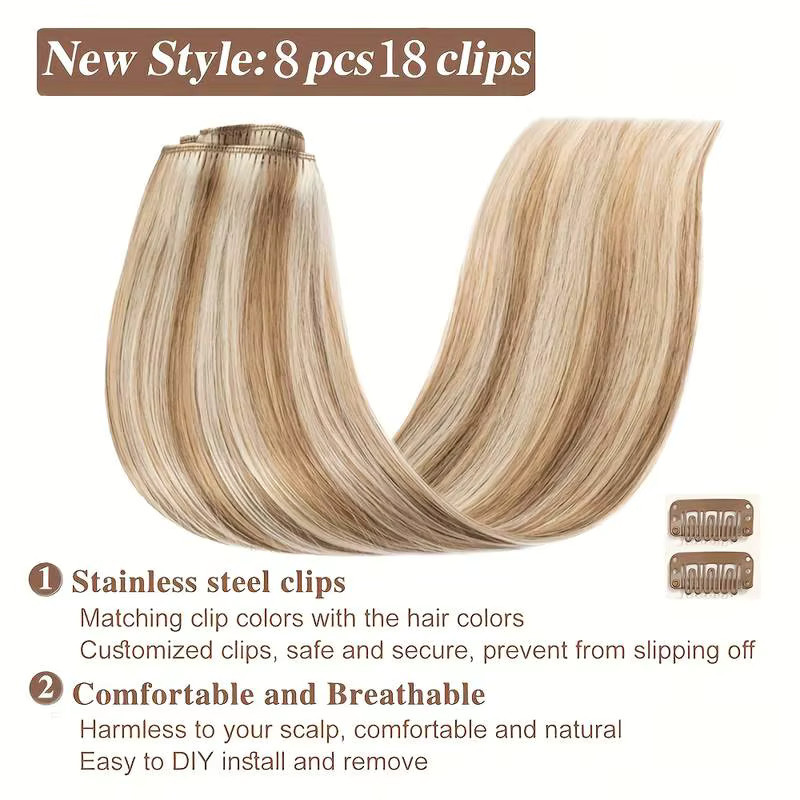 Happy Monday Clip-in-Haarverlängerungen, 8 Stück, Echthaar, Braun, Highlight-Blond, Damen - Bild 2
