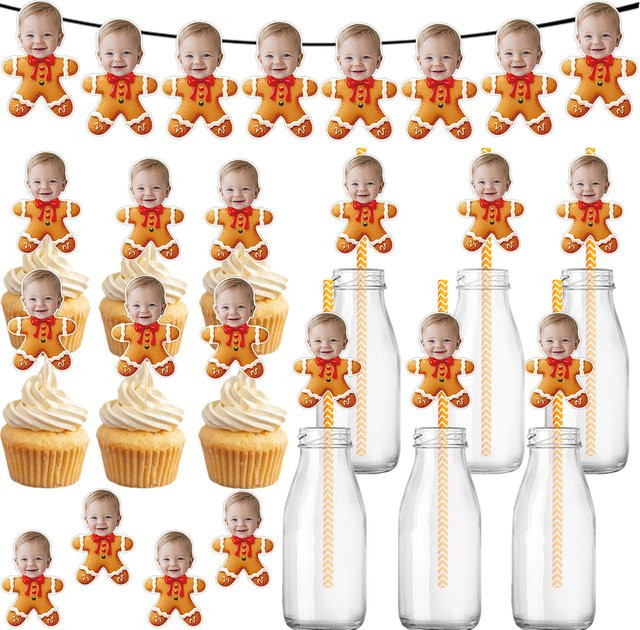 Weihnachtsdeko Set mit Lebkuchenmann-Banner, Kuchendekoration und Aufklebern in Mehrfarbig und Grau von Cyuan - Bild 1