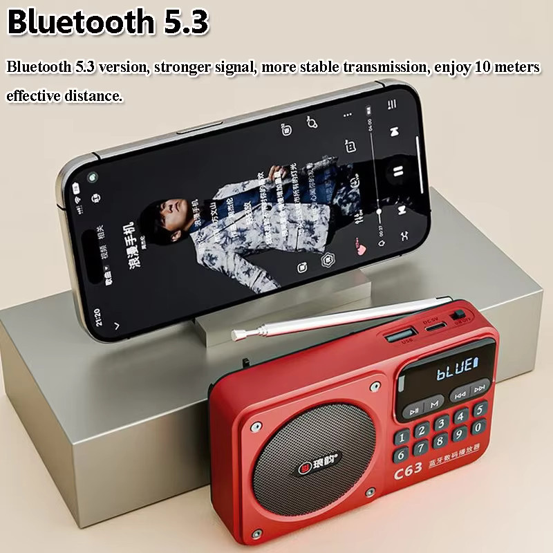 JINSERTA Tragbares UKW-Radio mit USB-C Ladefunktion und kabellosem Lautsprecher in Rot, MP3-Player mit USB- und TF-Kartenslot - Bild 4