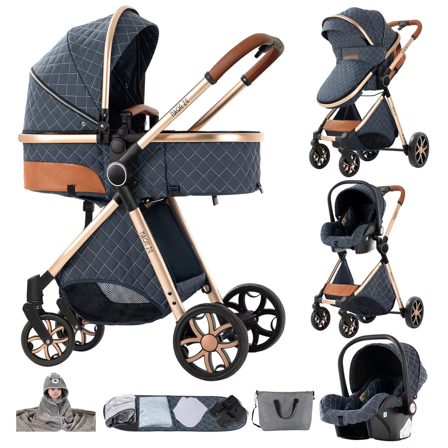 Magic ZC 3-in-1 Baby-Kinderwagen-Set in Blau mit Wickeltasche, Regenschutz, Autositz und umkehrbarem Schlafkorb - Bild 7