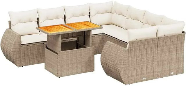 vidaXL 9-tlg Garten-Sofagarnitur in L-Form aus Poly-Rattan und Akazienholz mit Kissen in Beige-Creme - Bild 1