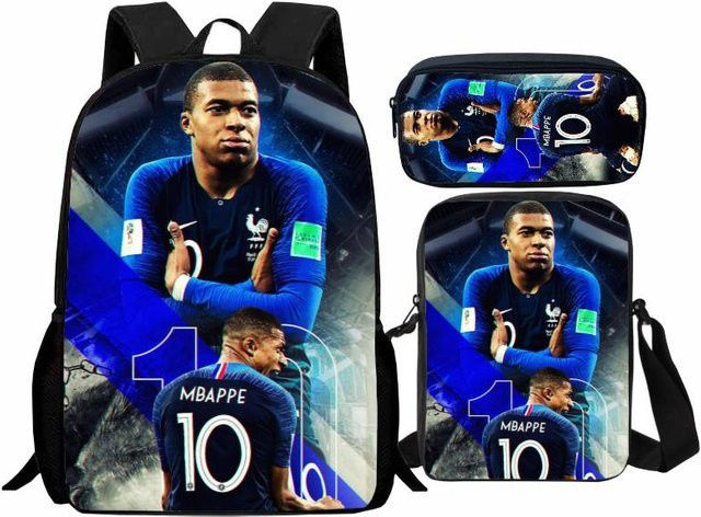 Dreiteiliges Schulranzen-Set mit Fußballstar-Print in Blau bestehend aus Rucksack, Umhängetasche und Federmäppchen - Bild 1
