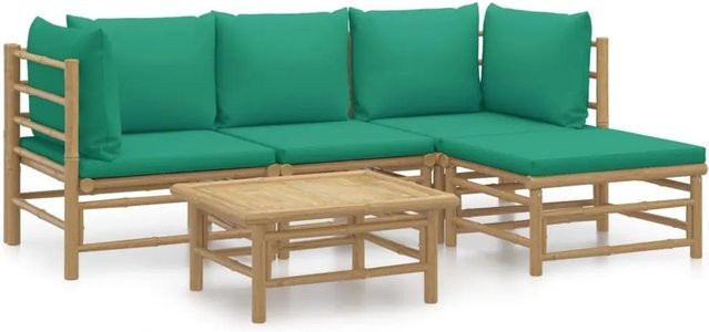 vidaXL 5-tlg Garten-Lounge-Set aus geöltem Bambus mit grünen Kissen Modell 3 - Bild 1