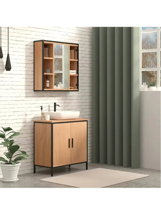 EUGAD Wandmontierter Badezimmerschrank mit Spiegel in Eiche Optik, B/H/T: 60 x 58 x 16 cm, mit verstellbaren Regalen und 6 offenen Fächern, Schwarz-Braun - Bild 4