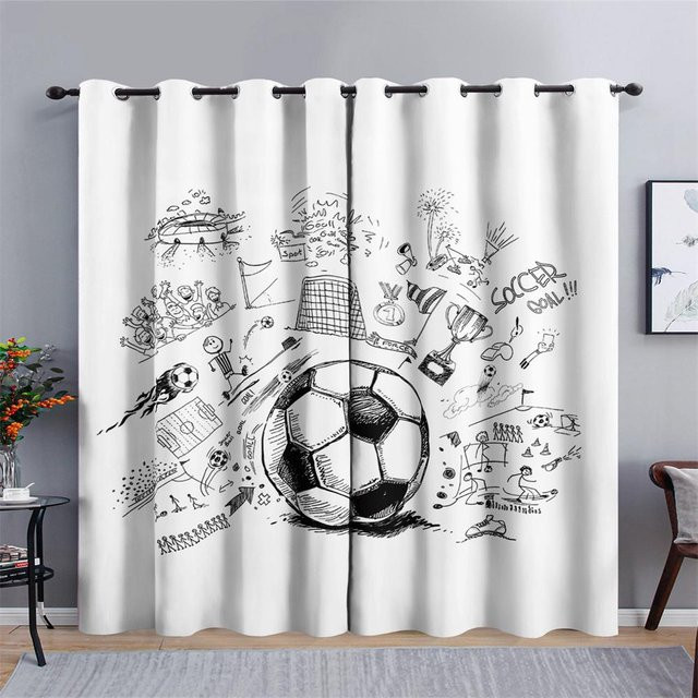 Yiran Furniture Fußball Serie Vorhang für Kinder in Schwarz und Weiß, 2 Paneele, blickdicht, Breite: 150 cm, Höhe: 166 cm - Bild 1