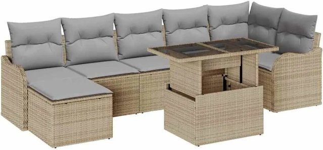 vidaXL 8-tlg. Garten-Sofa-Set in L-Form aus Poly Rattan und Stahl mit Kissen und integriertem Stauraum, Beige/Hellgrau-beige - Bild 1