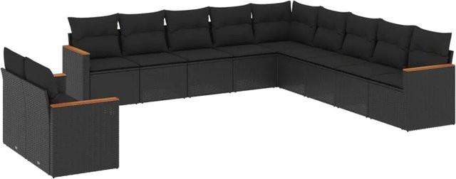 vidaXL 11-tlg Garten-Sofagarnitur in L-Form aus Poly-Rattan und Akazienholz mit Kissen in Schwarz - Bild 1