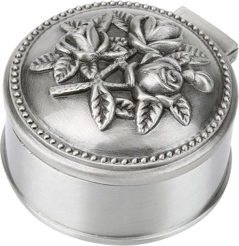 Vintage Schmuckschatulle aus Zinklegierung mit floralem Blumenmuster in Silber, runde Aufbewahrungsdose für Ringe - Bild 1