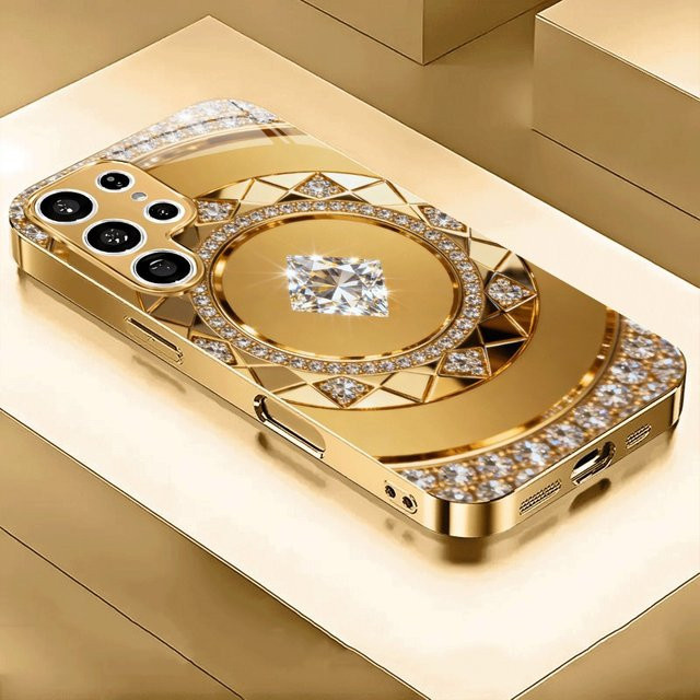 Goldene Handyhülle mit Diamant-Geometrie und konzentrischen Kreisen aus gehärtetem Glas für Samsung Galaxy S25 S24 S23 Ultra Plus FE - Bild 1