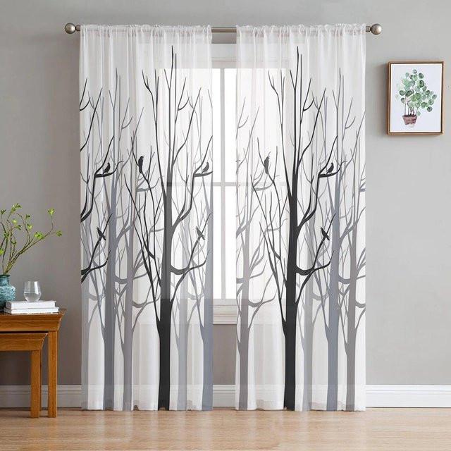 A Family Of Home Textiles Voile-Vorhang mit Ast-Motiv in Grau und Weiß, transparent, B 135 cm x H 114 cm - Bild 1