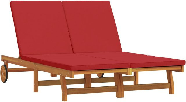 vidaXL Doppel-Sonnenliege aus Akazien-Massivholz mit wetterfesten Kissen und Rollen, Braun/Rot, B/T/H: 220 x 84 x 84 cm - Bild 1