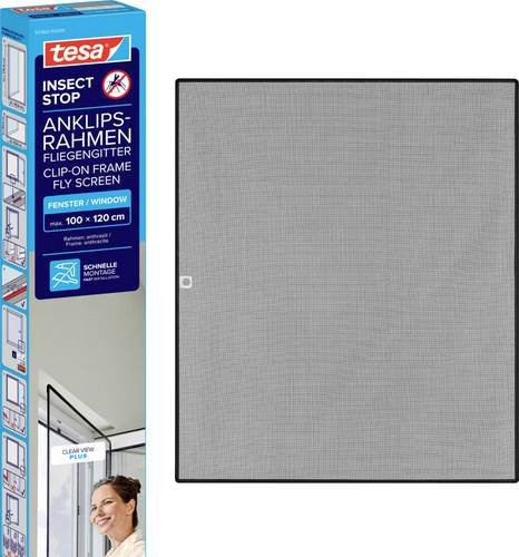 tesa INSECT STOP Fliegengitter mit Anklips-Rahmen für Fensterrahmen, Anthrazit, B: 120 cm, H: 140 cm - Bild 1