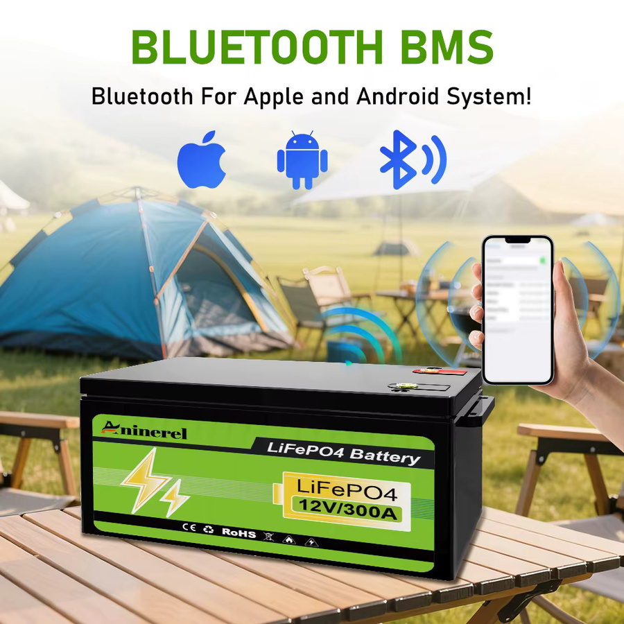 Aninerel LiFePO4-Batterie 12V 300Ah mit 3840Wh Kapazität, tragbare Solarbatterie für den Außenbereich in Schwarz mit integriertem Bluetooth-BMS - Bild 4