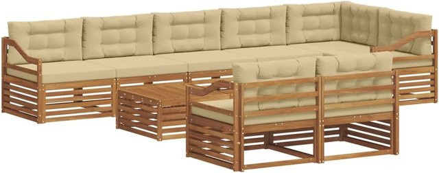 vidaXL Outdoor-Sofagarnitur 9-teilig in L-Form aus Akazienholz mit Kissen in Natur und Beige - Bild 1