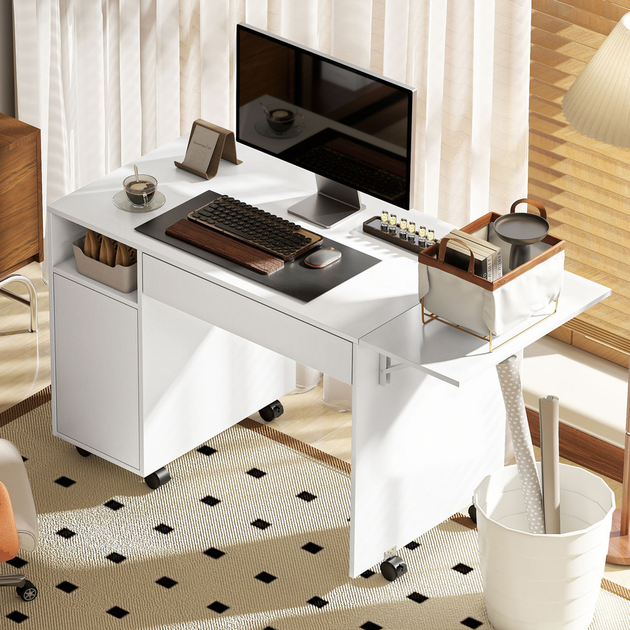 HOMCOM Schreibtisch mit Rollen und Klappplatte in Weiß, moderner Bürotisch mit Schublade, Schrank und offenem Fach, B/T/H: 140 x 53 x 75 cm - Bild 2