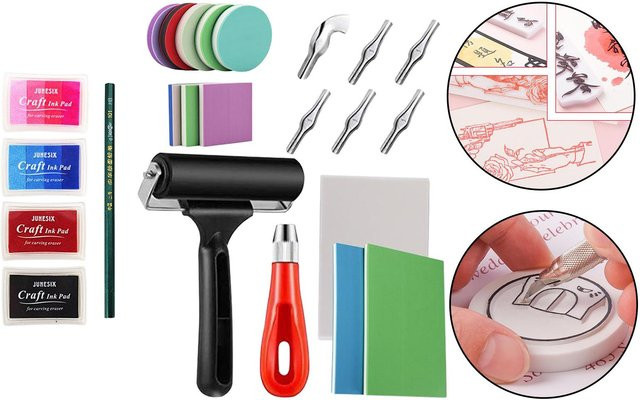 Kesoto Starter-Werkzeugsatz zum Blockdruck mit Linolyumschnitt-Werkzeugen, Transparentpapier und rosa Gummiblock - Bild 1