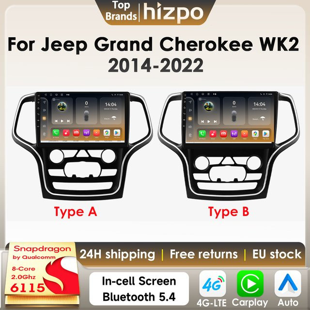 Hizpo Android 14 Autoradio für Jeep Grand Cherokee WK2 2014-2022 mit kabellosem CarPlay, Android Auto und Bluetooth in Schwarz - Bild 1