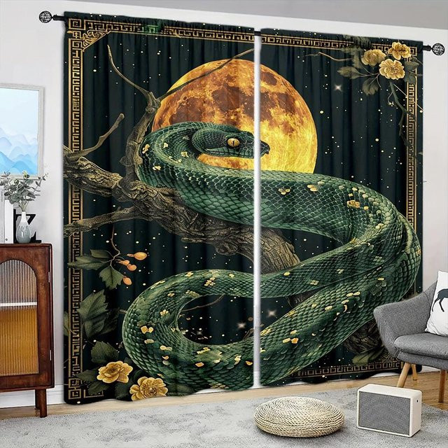2er-Set dekorative Vorhänge mit Mond- und Schlangen-Print in Grau, halbtransparent mit Stangentasche, Breite: 52,5 cm, Höhe: 116 cm - Bild 1