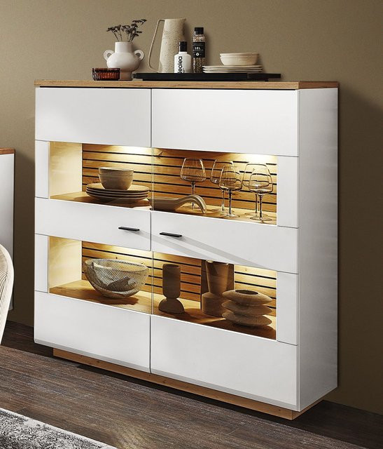 Highboard HARPER in Artisan Eiche Dekor mit Glasfronten und integrierter LED-Beleuchtung, B/T/H: 110 x 40 x 136 cm - Bild 1