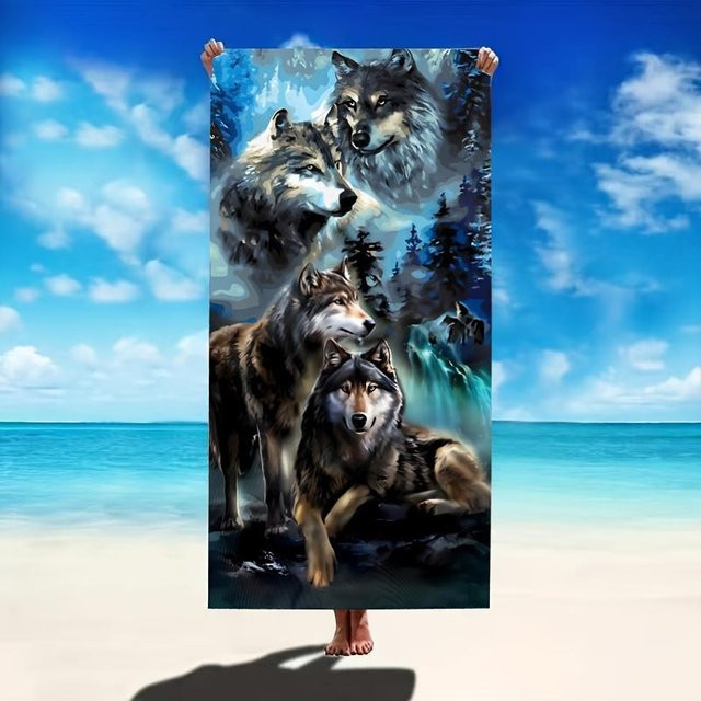 Strandtuch mit Wolfsmuster von JMG Household Supplies, ultraweiche Mikrofaser, schnelltrocknend, Multicolour, B/H: 70 x 140 cm - Bild 1