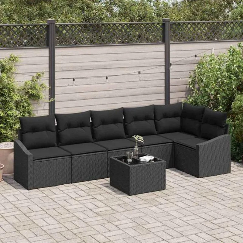 vidaxl Loungemöbel Sofa Set aus Polyrattan mit 7 Kissen in Schwarz - Bild 1