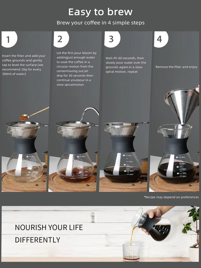 Leeseph Pour-Over Kaffeebereiter mit Edelstahl-Kaffeefilter und Wärmeisolierung, transparent - Bild 4