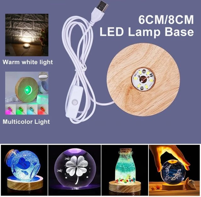LINYILIGHT LED Nachtlampe mit Holzbasis und USB-Stecker, Bunte Kristallglas-Lichtbasis für Epoxidharz-Kunstwerke, Braun/Mehrfarbig, Durchmesser: 6 cm - Bild 1