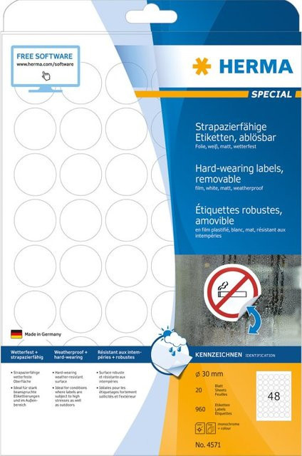 HERMA Special Outdoor Folienetiketten weiß, rund Ø 30 mm, 960 Stück (20 Bogen à 48 Etiketten), selbstklebend und wiederablösbar, A4, für Laserdruck geeignet - Bild 1