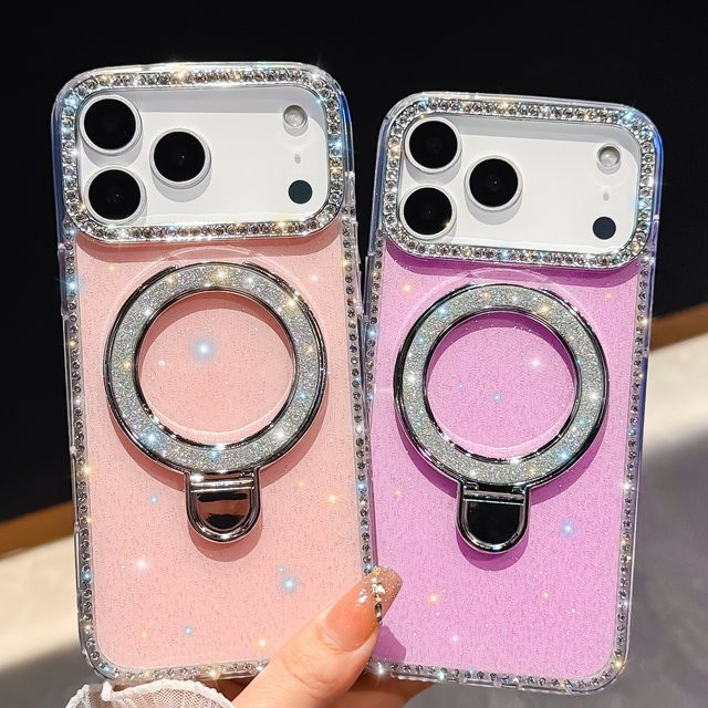Luxuriöse Magnetische iPhone Schutzhülle mit Diamant-Glitzer und Ständer in Transparent oder Pink für iPhone 17 16 15 14 13 Pro Max - Bild 1