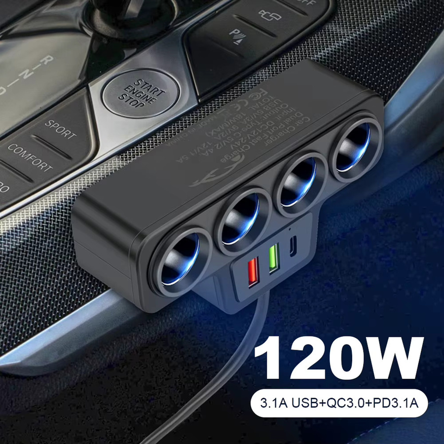 APWIKOGER Auto-Zigarettenanzünder-Steckdosenverteiler mit 3 USB-Anschlüssen QC3.0 und PD 3.1A Schnellladegerät, 4-fach Steckdose 18W Stromadapter, Schwarz - Bild 2