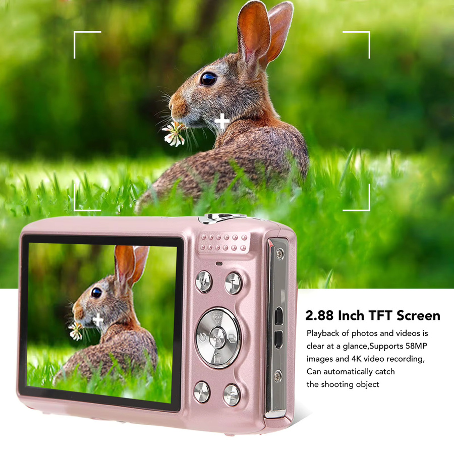 Qiilu 4K Digitalkamera mit 58 MP, 2,88-Zoll-Bildschirm, 16-fachem Zoom und Makro-Funktion in Pink - Bild 3
