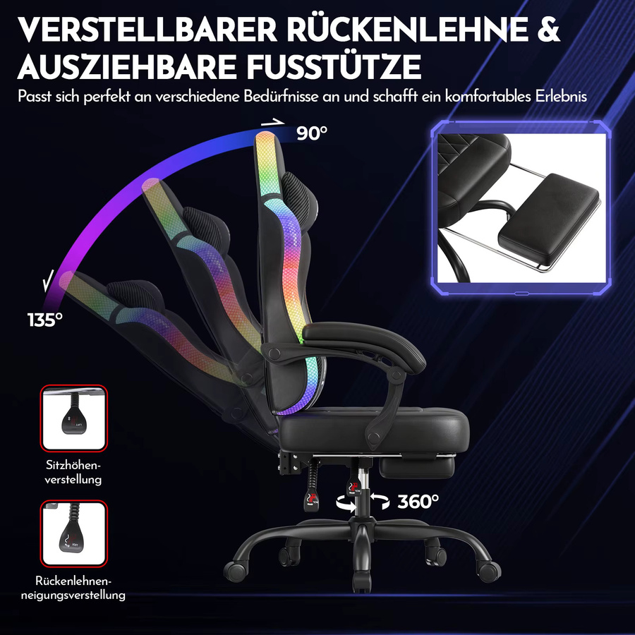 GTPLAYER Gaming Stuhl in Schwarz mit LED-Lichtleiste, ergonomischer Gamer Bürostuhl aus Kunstleder mit Kopfstütze und Aufbewahrungstasche - Bild 4