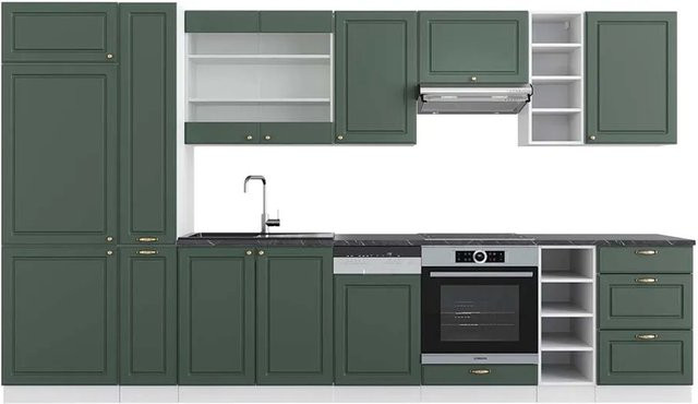 Vicco Fame-Line Küchenzeile Landhaus Stil in Grün-Gold und Weiß mit Anthrazit, Breite: 355 cm - Bild 1