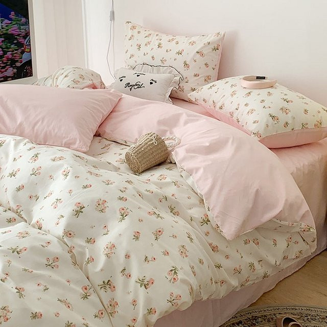 DZQ Bettwäsche-Set mit floralem Blumenmuster in Pink, bestehend aus Bettbezug, flachem Laken und Kissenbezug für 1m Bett - Bild 1