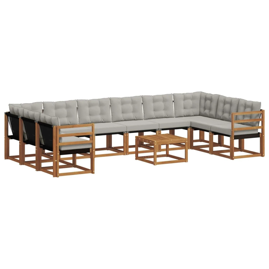 vidaXL Outdoor-Sofagarnitur 11-tlg. aus massivem Akazienholz und Textilene in Natur und Hellgrau mit Kissen - Bild 2