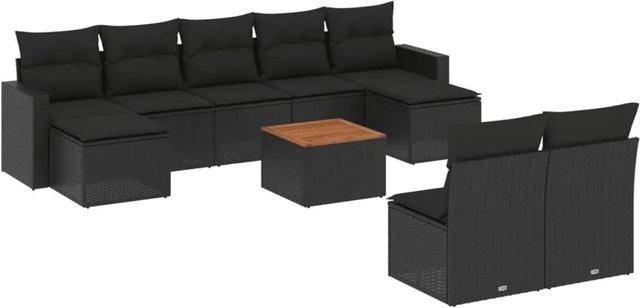 vidaXL 10-tlg. Garten-Sofagarnitur in U-Form aus Polyrattan mit Kissen, Schwarz - Bild 1