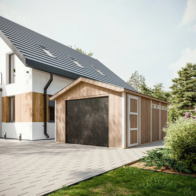 Timbela Garage Premium M991B aus Holz in Natur mit elektrischen Rollläden und abschließbaren Türen, B/T/H: 378 x 530 x 269 cm - Bild 1