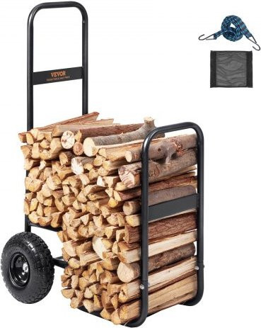 VEVOR Kaminholzwagen aus pulverbeschichtetem Stahl in Schwarz mit Gummirädern, H x B x T: 110 x 67 x 52 cm, Tragfähigkeit 113,4 kg, inkl. Bungee-Seil und Bodennetz - Bild 1